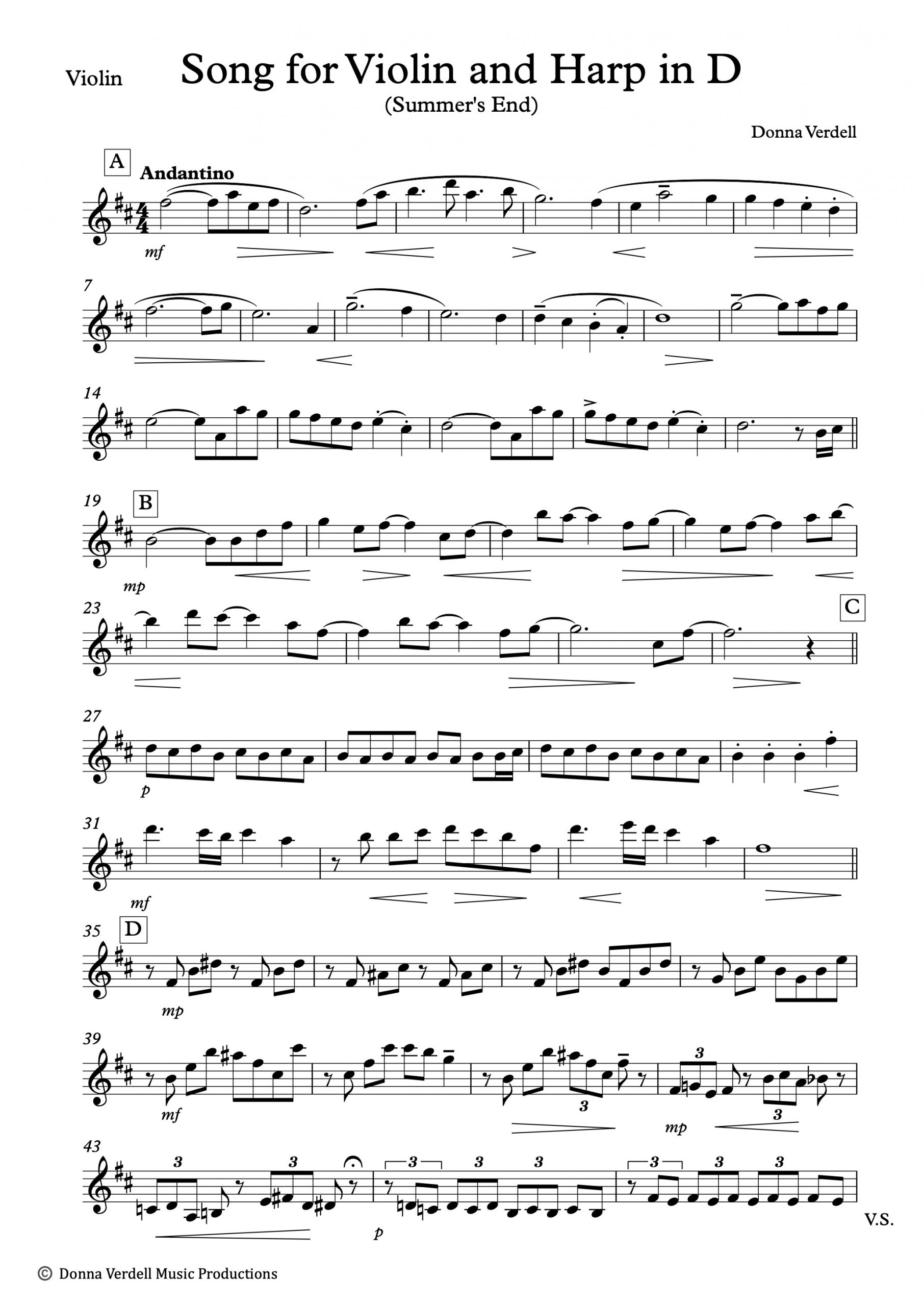 Song for Violin and Harp in D (Summer's End) VIOLIN PAGINA 1- Donna Verdell VIOLIN kopie